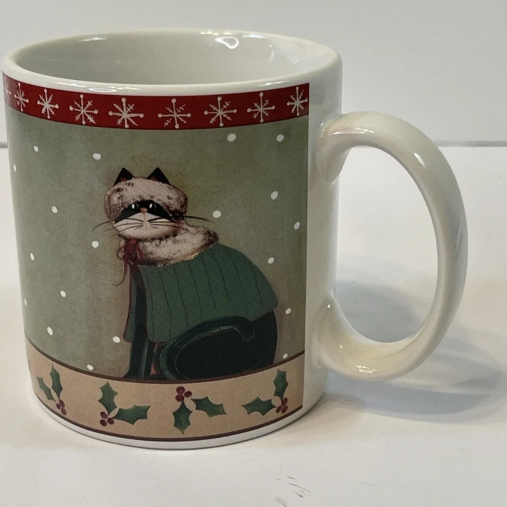 Oneida Holiday Cats Coffee Cup Mug Christmas Fiddlestix Green Sweater Holly Snow